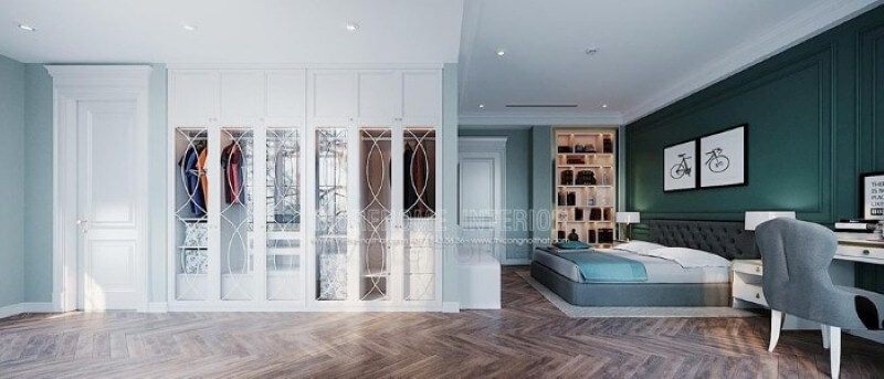 Tủ quần áo âm tường được sắp xếp âm tường tạo cảm giác thông thoáng ấn tượng cho phòng ngủ.