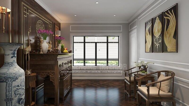 Thiết kế nội thất gỗ cao cấp cùng cách phối màu, trang trí tạo nên vẻ đẹp trang nghiệm, sang trọng cho phòng thờ.