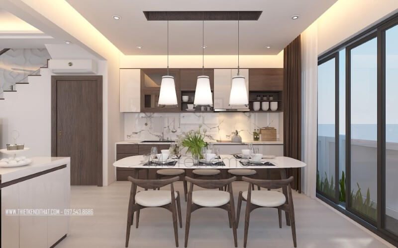 Bố trí phòng bếp ăn gỗ óc chó hiện đại, đẹp, sang trọng