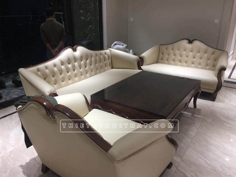 Bộ bàn ghế sofa tân cổ điển gỗ óc chó cho phòng khách chung cư D