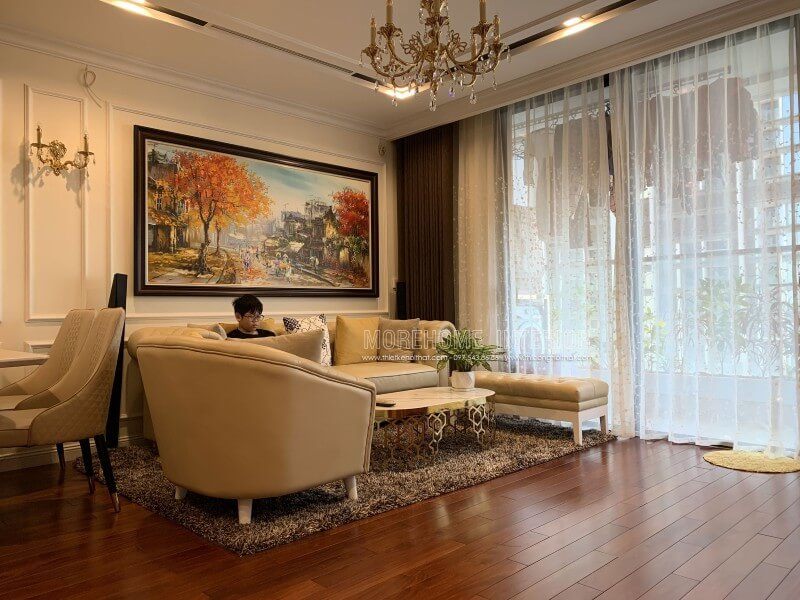 Công trình sản phẩm thi công nội thất phòng khách tân cổ điển đẹp sang trọng tại chung cư Vinhomes Nguyễn Chí Thanh, quận Đống Đa, Hà Nội