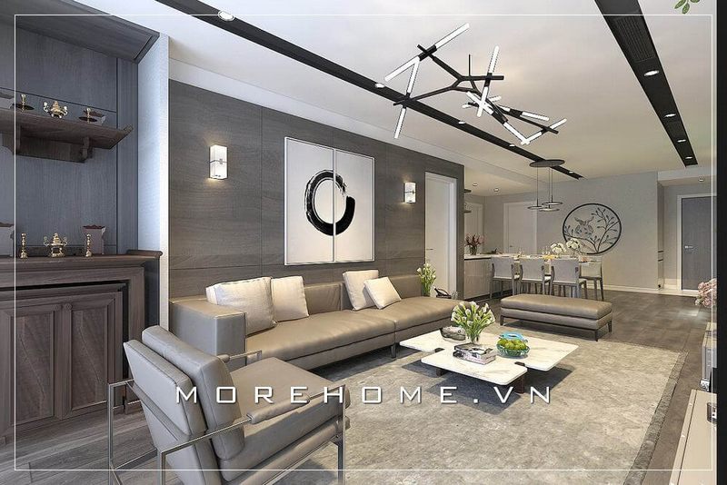 Thiết kế nội thất phòng khách phong cách hiện đại kết hợp cách trang trí giấy dán tường, tranh và đèn trần độc đáo, nhẹ nhàng tạo nên không gian căn phòng tiếp khách trẻ trung và đơn điệu hơn