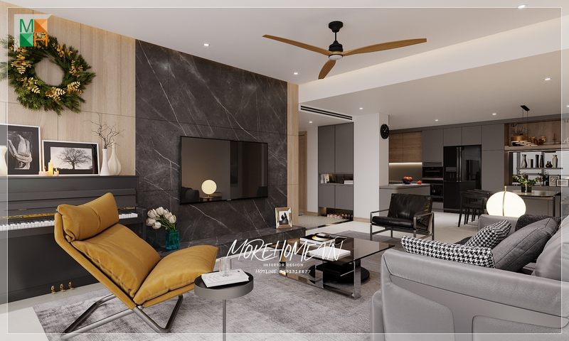 Màu xám của bộ ghế sofa kết hợp với tone nền của căn phòng góp phần tạo nên 1 không gian sống chất lượng.