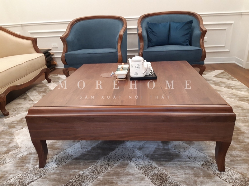 Thi công bàn trà gỗ óc chó tân cổ điển nét chạm khắc tỉ mỉ sắc nét mang tới thẩm mỹ cao cho không gian.