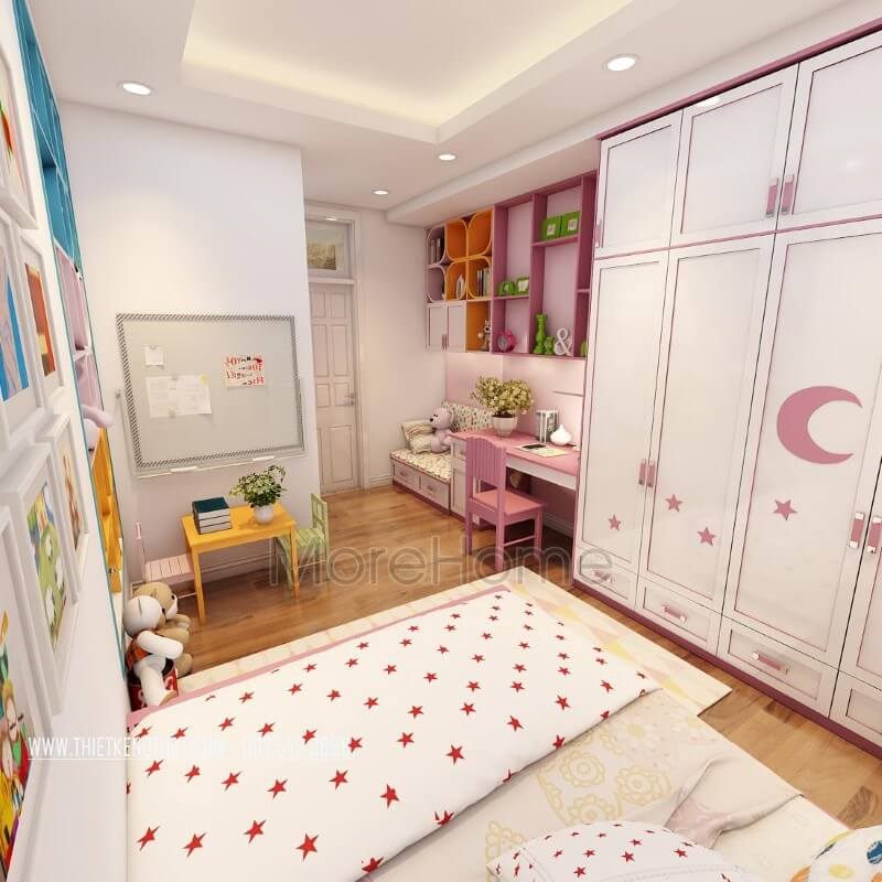 Để tạo nên một không gian phòng ngủ thú vị cho bé gái, tông màu hồng nổi bật sẽ giúp khơi gợi sự tò mò và hứng thú cho trẻ.