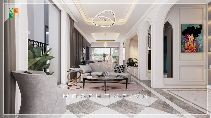 Thiết kế phòng khách đơn giản nhưng sang trọng làm cho căn hộ, nhà phố và biệt thự phong cách tân cổ điển trở nên đẹp mắt.
